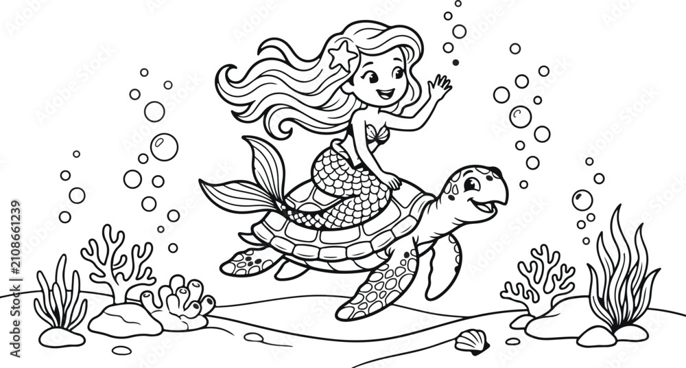 Fototapeta premium Cute mermaid riding a sea turtle. Coloring page for kids with underwater ocean scene.