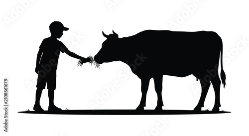Fotografía Boy Feeding Cow In Field Black And White Silhouette