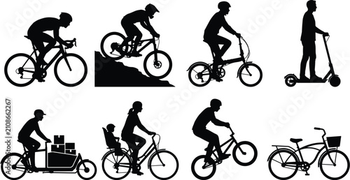  Cycling and personal transport vector silhouette set featuring road bike mountain bike cargo bike electric scooter and BMX