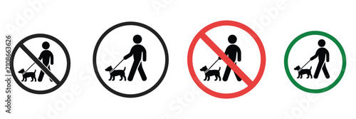 Photography Dog walking sign vector icon featuring allowed and prohibited symbols, pet control, leash rules, public park guidance, flat illustration for safety signage