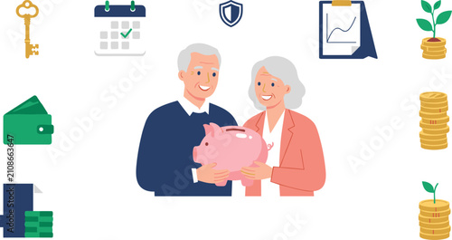 Cuadro en lienzo Senior Retirement Savings and Financial Planning Element Set with Elderly Couple