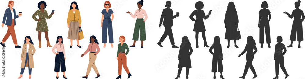 Fototapeta premium Women Character Collection with Matching Black Silhouettes for Fashion, Lifestyle and Business Vector Illustration Set