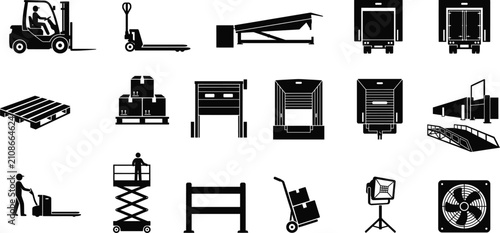 Loading Dock Equipment Silhouette Vector Icon Set for Warehouse Cargo
