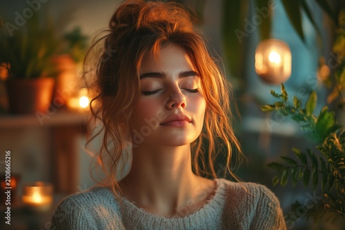 Woman practicing meditation and deep breathing at home as a calming approach to stress relief and emotional wellbeing.