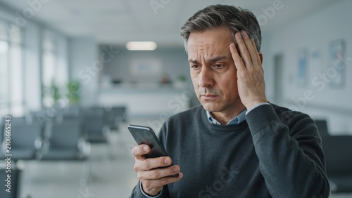 Worried man checking phone in waiting room, hand on forehead, empty chairs blurred background, stressed middle aged adult reading message indoors office lobby scene