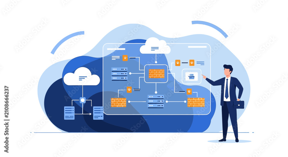 Fototapeta premium Cloud Computing Network Diagram with Businessman and Connection Flow