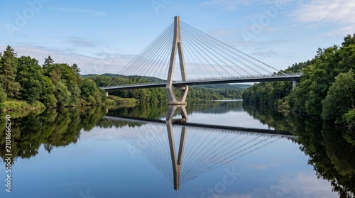 Modern cable-stayed bridge spanning calm river at sunrise. Architectural engineering marvel with sleek design over reflective water.
