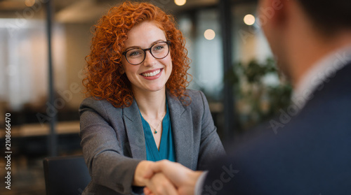 Businesswoman shakes hands with a colleague to finalize a successful professional agreement.
