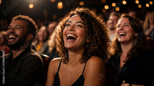 Audience members laugh heartily while watching a comedy performance inside a dimly lit theater venue.