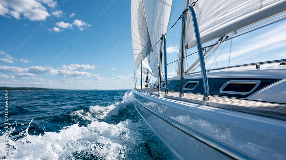 Fototapeta premium Sleek sailboat cutting through deep blue water leaving a frothy wake, dynamic sailing energy , with copy space