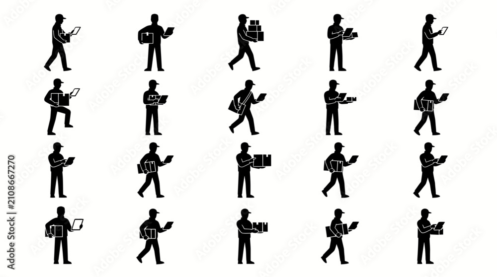 Fototapeta premium Delivery personnel are shown as black icons in various poses while managing packages and shipping logistics.