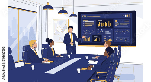 Business Meeting Presentation with Data Analytics Displayed on Screen.