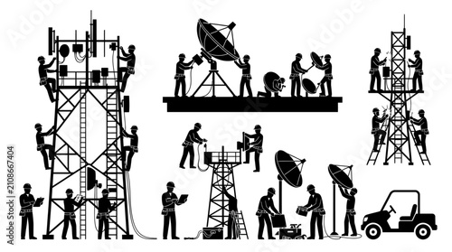 Foto Telecommunications technicians maintain large radio towers and satellite dish infrastructure for global network connectivity