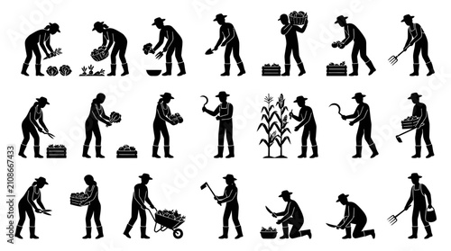 Farmers perform various agricultural tasks including harvesting crops and tending to plants in this collection of black silhouettes.