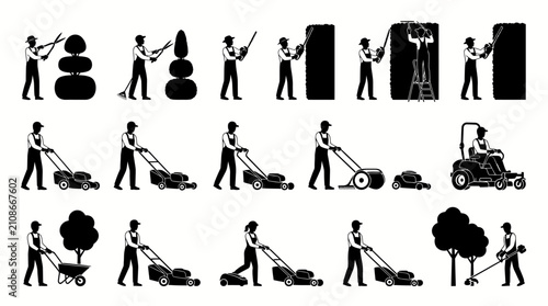 Bild auf Leinwand Landscapers utilize professional equipment to maintain lawns and shape trees in this detailed collection of black vector silhouettes