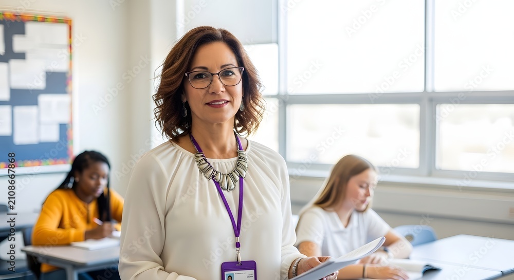 Fototapeta premium Middle-aged female teacher assisting students in a classroom. Educator with glasses guiding young learners during a lesson. Professional instructor...