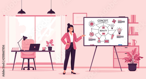Businesswoman presenting health concept diagram on whiteboard.