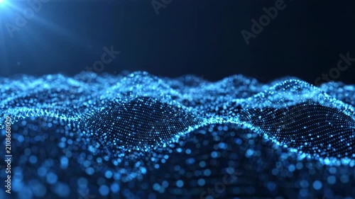 Abstract digital landscape with blue glowing particles forming a wave pattern on a dark background