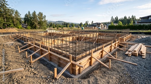 New home foundation under construction with wooden forms and rebar. Residential building base framework for concrete pouring and structural support.