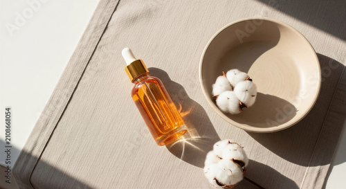 Glass bottle of oil next to cotton bolls and ceramic dish on table  