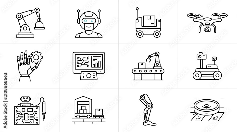 Fototapeta premium Robots and automation icons illustrate various technological processes used in modern industrial manufacturing.