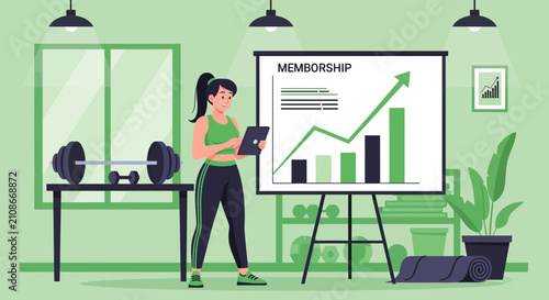 Woman analyzing gym membership growth chart on tablet.