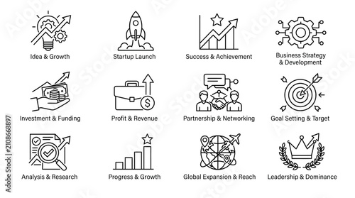 Icons depicting corporate growth and strategic business development are arranged in a clear grid.