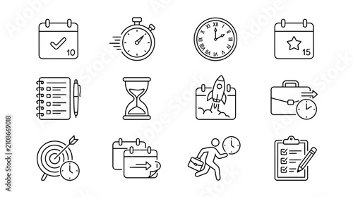 Businessman icons illustrate professional time management and strategic planning within a corporate setting.