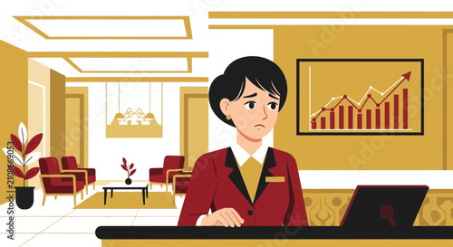 Worried Woman Receptionist Working at Desk with Laptop.
