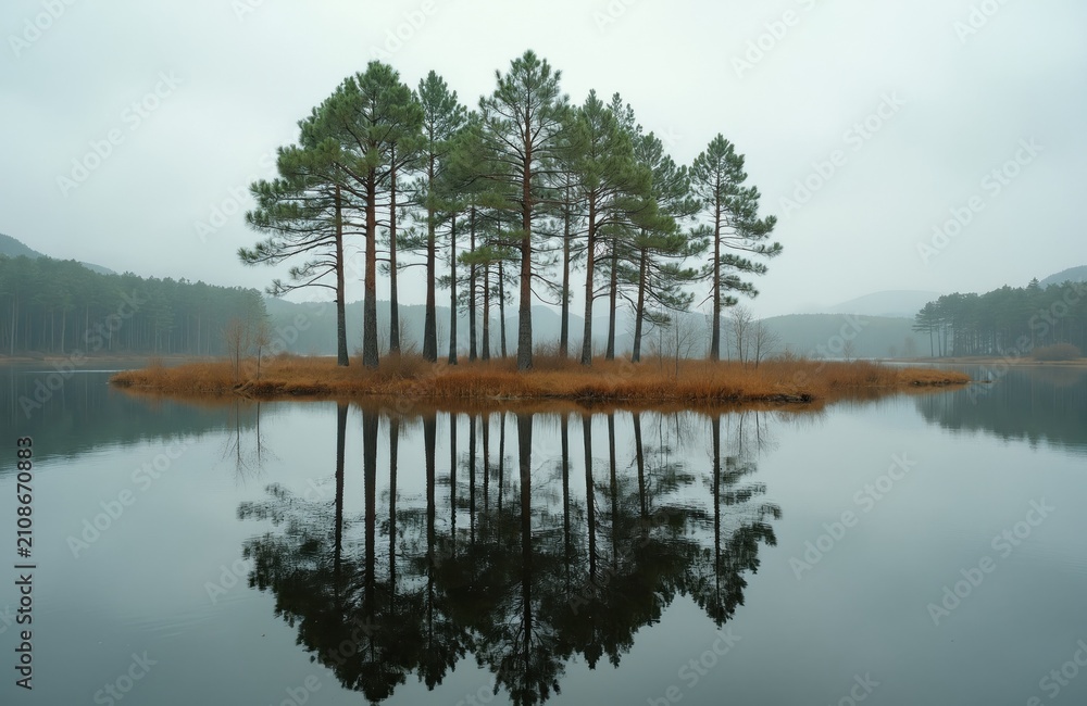 Obraz premium Small island with tall pine trees stands in middle of calm lake. Water surface reflects evergreen woods under cloudy sky. Wilderness landscape features marsh grass, misty atmosphere. Scenic nature