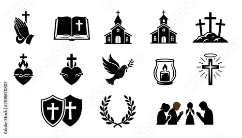 Cuadro en lienzo Christian Symbols and Icons Set with Crosses, Churches, and Religious Imagery Fe