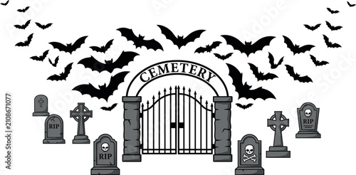 Photos Cemetery gate with bats and tombstones grayscale vector illustration