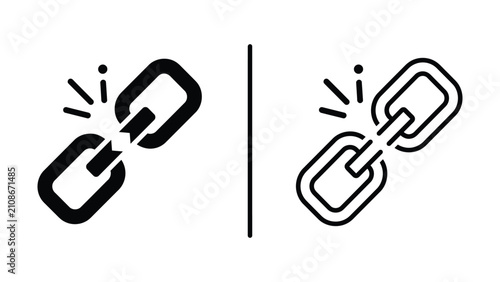 Bild auf Leinwand Two black line icons depicting a broken chain link and a connected chain link wi