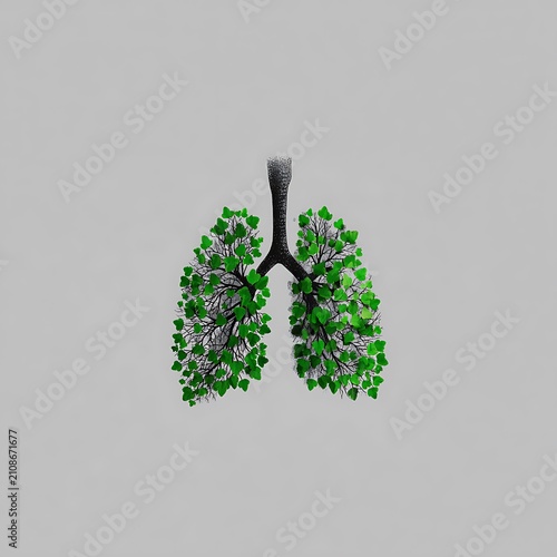 Human lungs shaped like a green leafy tree isolated on a neutral grey background