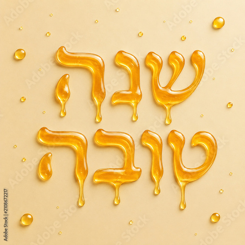 Creative Rosh Hashanah greeting made with honey on a light background. Traditional Jewish New Year concept featuring honey, apples, pomegranate and festive holiday composition with copy space.