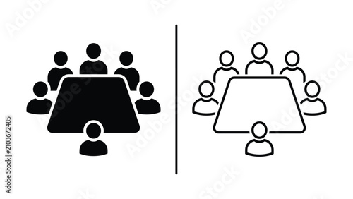 Meeting silhouettes and line icons depicting people around a conference table for business discussions and teamwork concepts