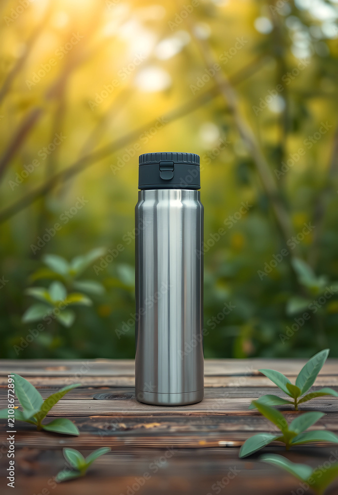 Obraz premium Stainless steel insulated water bottle with dark gray lid on a rustic wooden table outdoors with green foliage and sunlight