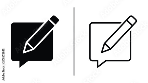Fotografie Black and white flat icons depicting a pencil inside a speech bubble for editing