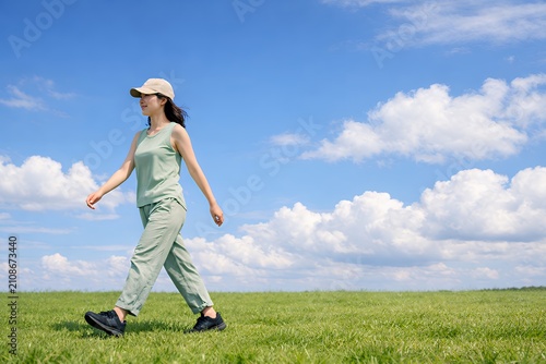 青空広がる芝生で気持ちよくウォーキングする若い女性の健康的な姿