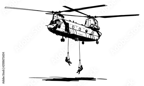 Bild auf Leinwand Military transport helicopter with soldiers rappelling sketch, air assault missi