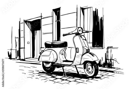 Obraz na płótnie Vintage motor scooter on cobblestone street sketch, Italian retro moped vector i