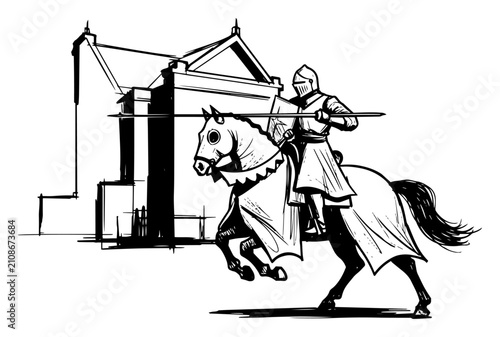 Slika na platnu Medieval knight on horseback with lance sketch, ancient warrior in armor near ca