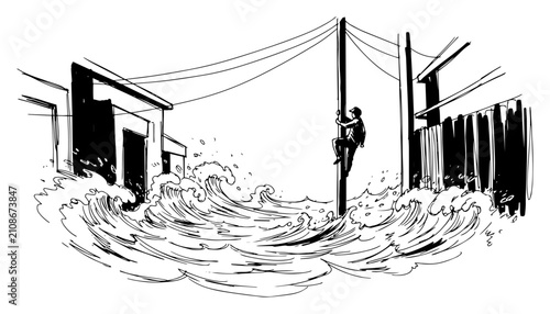 Bild auf Leinwand Man climbing utility pole during city flood sketch, natural disaster survival an