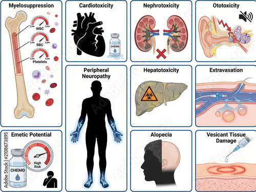 Chemotherapy side effects infographic depicts the systemic physiological toxicity risks such as myelosuppression, cardiotoxicity, nephrotoxicity, hepatotoxicity, and peripheral neuropathy symptoms.
