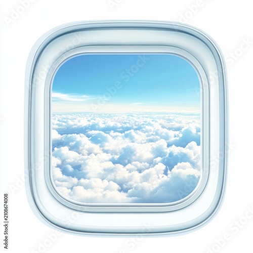 A serene view from an airplane window, showcasing fluffy clouds against a bright blue sky.