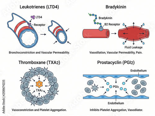 Vascular physiology chart depicts the complex interactions of leukotrienes, bradykinin, thromboxane, and prostacyclin on blood vessels and cellular aggregation within human tissues.
