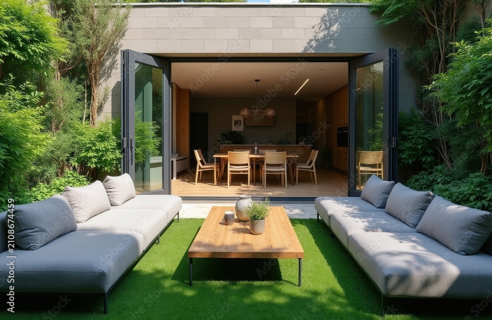 Obraz premium Modern outdoor patio terrace features artificial grass floor with comfortable grey sofas, wooden coffee table. Open glass doors connect exterior lounge space to contemporary indoor dining room.