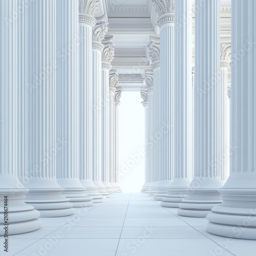 A serene corridor lined with elegant white columns, creating a sense of grandeur and tranquility.