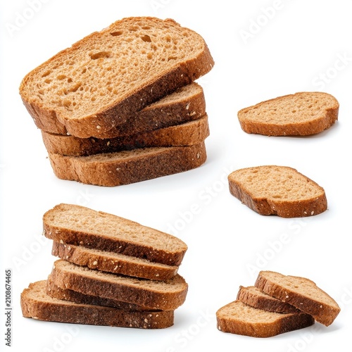 Artfully arranged slices of whole grain bread, showcasing their texture and color against a white background.