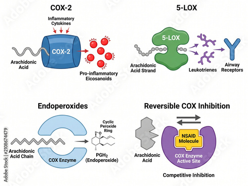 Arachidonic acid metabolism and COX enzyme inhibition pathways show the biochemical interactions involved in the production of pro-inflammatory eicosanoids and leukotrienes.